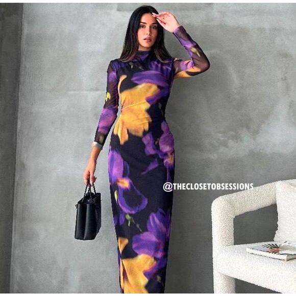 MANGO Fitted Floral Maxi Dress NWT | Multicolor High Neck Long Sleeve - Picture 6 of 16